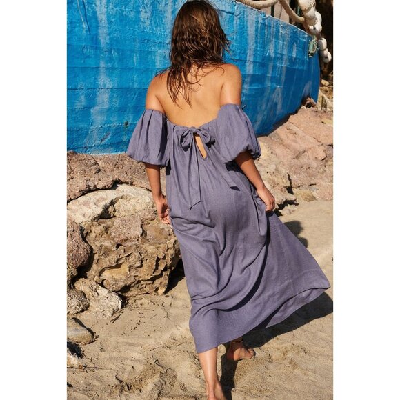 Free People Julietta Off Shoulder Maxi Dress S Blue Granite Linen Puff Sleeve - Picture 2 of 16